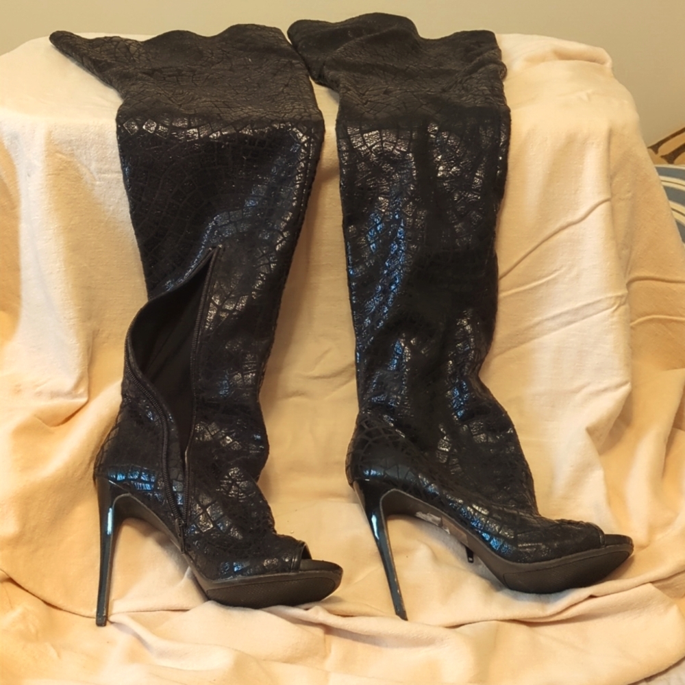 Thigh high faux leather & fabric peep toe boots